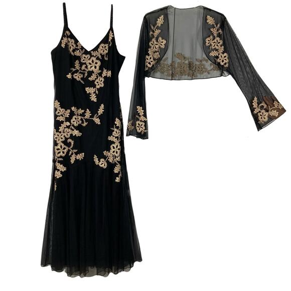 nwot XSCAPE Joanna Chen Set Dress Bolero-Jacket 14 Mesh Beaded Floral-Appliqué
